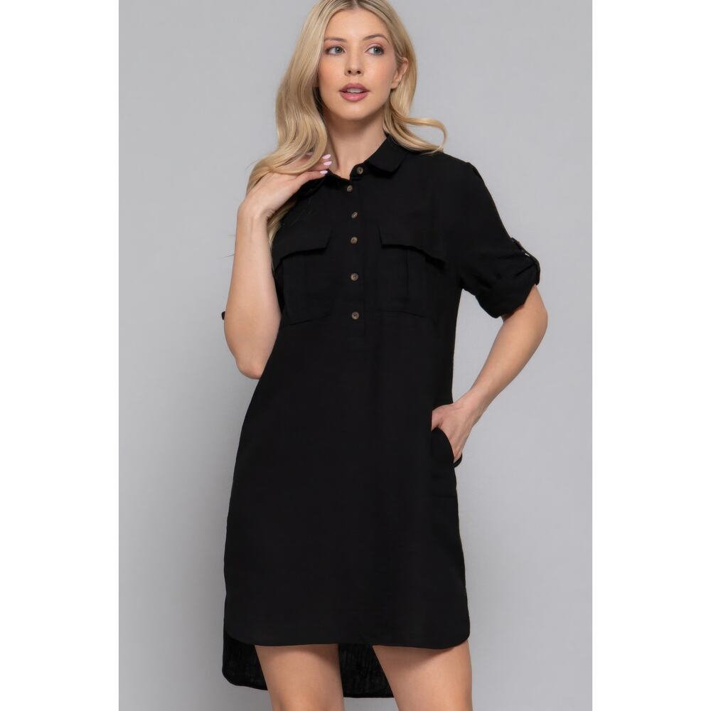 HackleBee Black Roll Up Short Sleeve Straight Linen Effect Mini Dress Size S,M,L